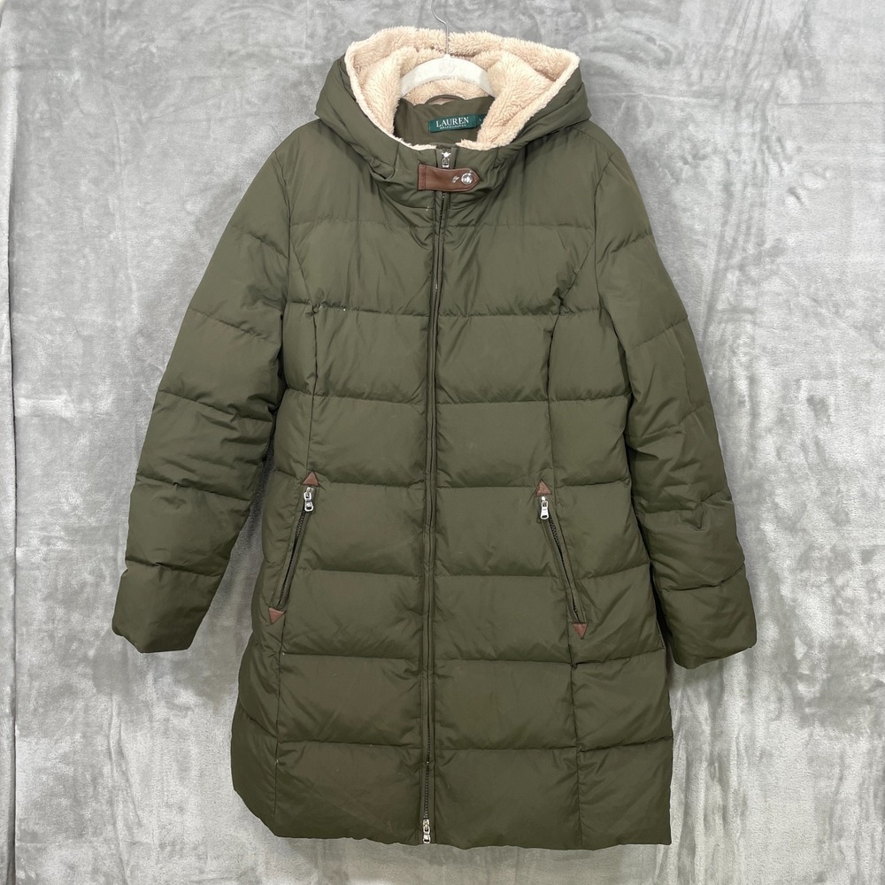 Lauren Ralph Lauren Women's Large Olive Feather Down Puffer Hooded Long Coat